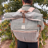 Eco - Friendly Hemp Trekking Roll - Top Backpack in Sage Green with Herringbone Pattern - Handmade in Nepal - SHAMTAM.COM