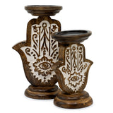 Eco - Friendly Mango Wood Hamsa Candle Stand with Intricate Carvings - Small 18x11cm - SHAMTAM.COM