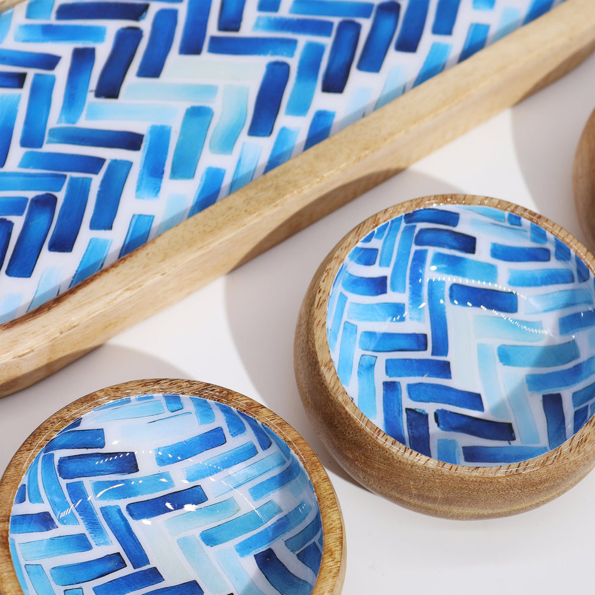 Elegant Mango Wood Tray Set with 3 Blue Stripe Ceramic Bowls - Perfect for Serving Snacks & Condiments - SHAMTAM.COM