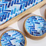 Elegant Mango Wood Tray Set with 3 Blue Stripe Ceramic Bowls - Perfect for Serving Snacks & Condiments - SHAMTAM.COM