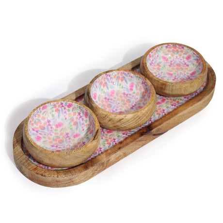 Elegant Mango Wood Tray Set with Hand - Painted Floral Ceramic Bowls - Perfect for Entertaining & Decor - SHAMTAM.COM