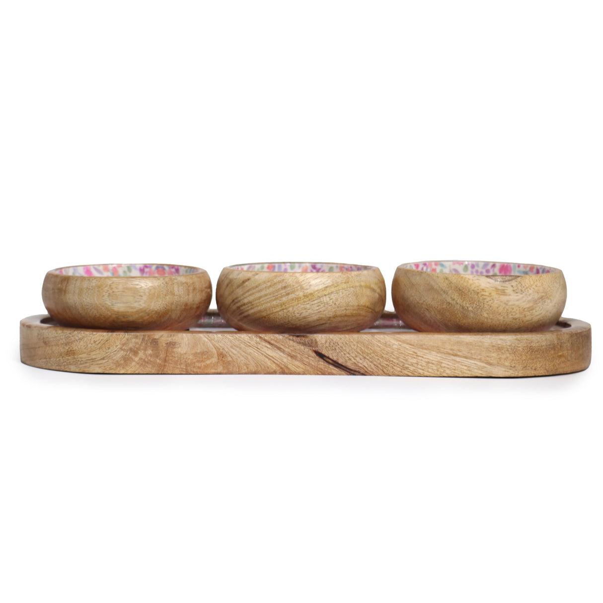 Elegant Mango Wood Tray Set with Hand - Painted Floral Ceramic Bowls - Perfect for Entertaining & Decor - SHAMTAM.COM