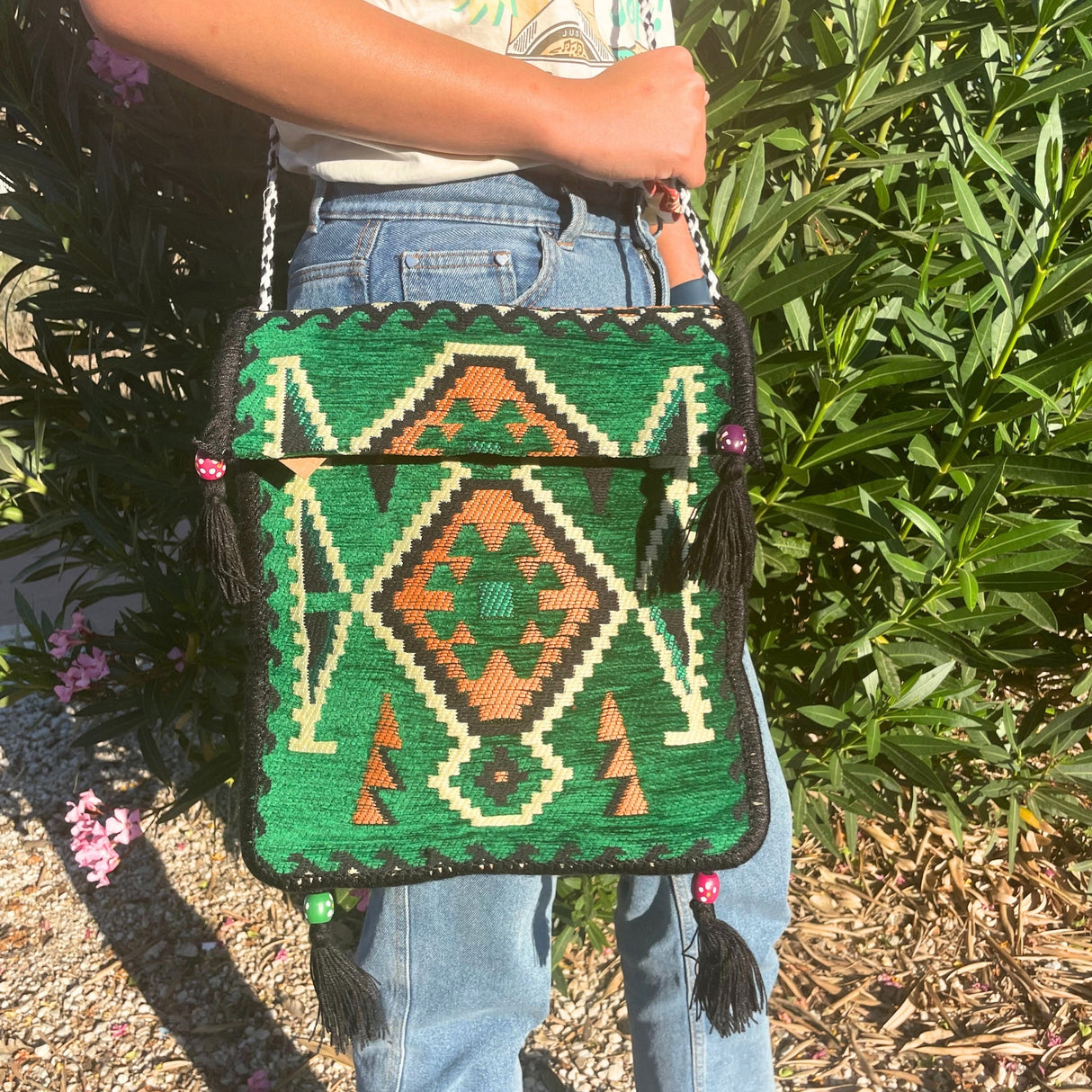 Boho Bag Messenger Emerald Green Kilim - SHAMTAM.COM