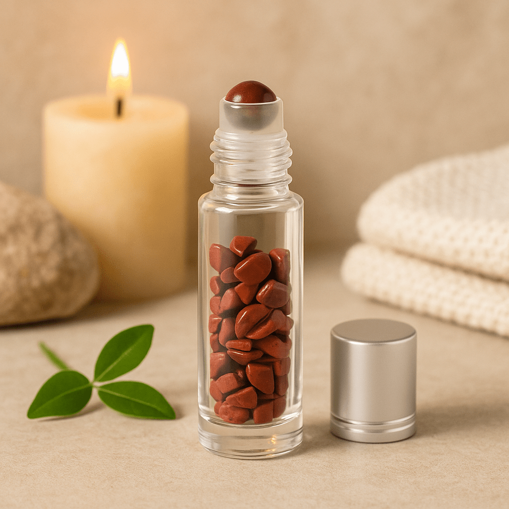 Essential Oil Roller Bottle Red Jasper Silver Cap - SHAMTAM.COM