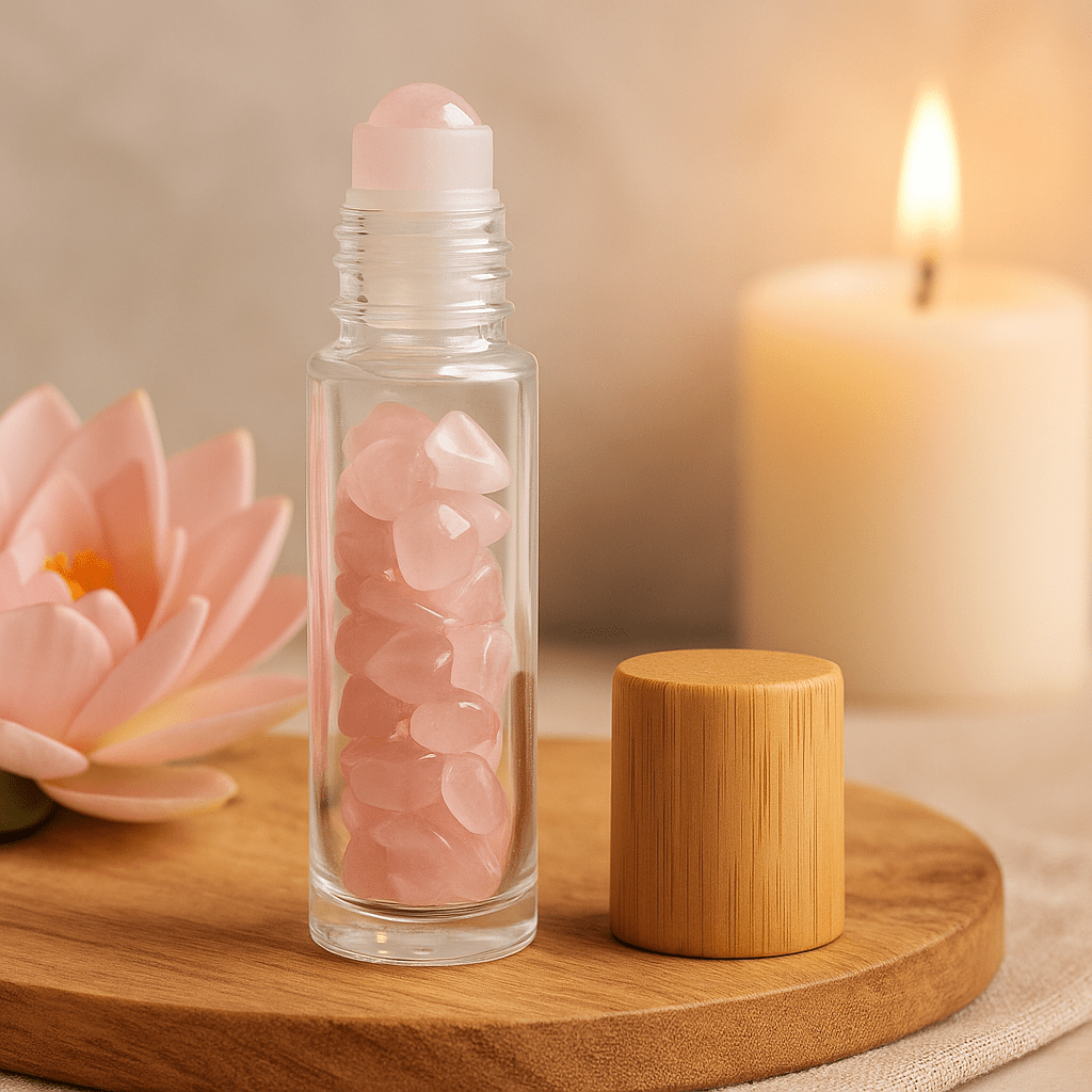Essential Oil Roller Bottle Rose Quartz Wooden Cap - SHAMTAM.COM