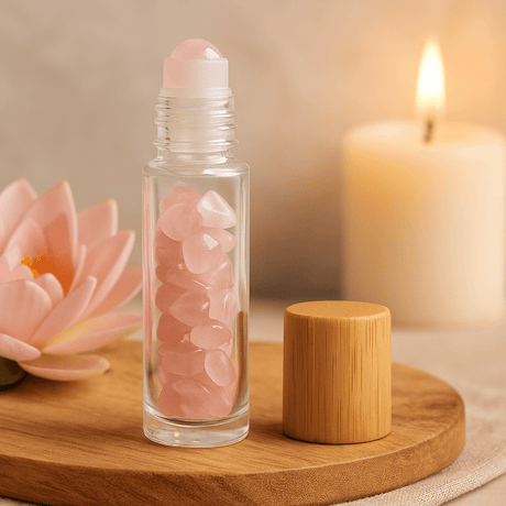Essential Oil Roller Bottle Rose Quartz Wooden Cap - SHAMTAM.COM