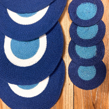 Evil Eye Jute Rope Placemats & Coasters Set - Rustic Blue & White Design (4 Each) - SHAMTAM.COM