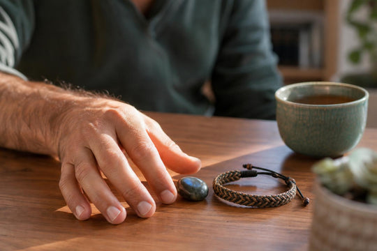 Una mano apoyada cerca de una piedra pulida y una pulsera sobre la mesa de una cocina, iluminada por la luz de la mañana