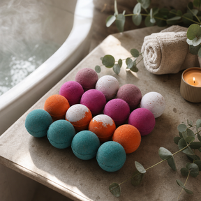Festive Bath Bomb Mix - Selection 1 — styled in a warm, naturally lit interior