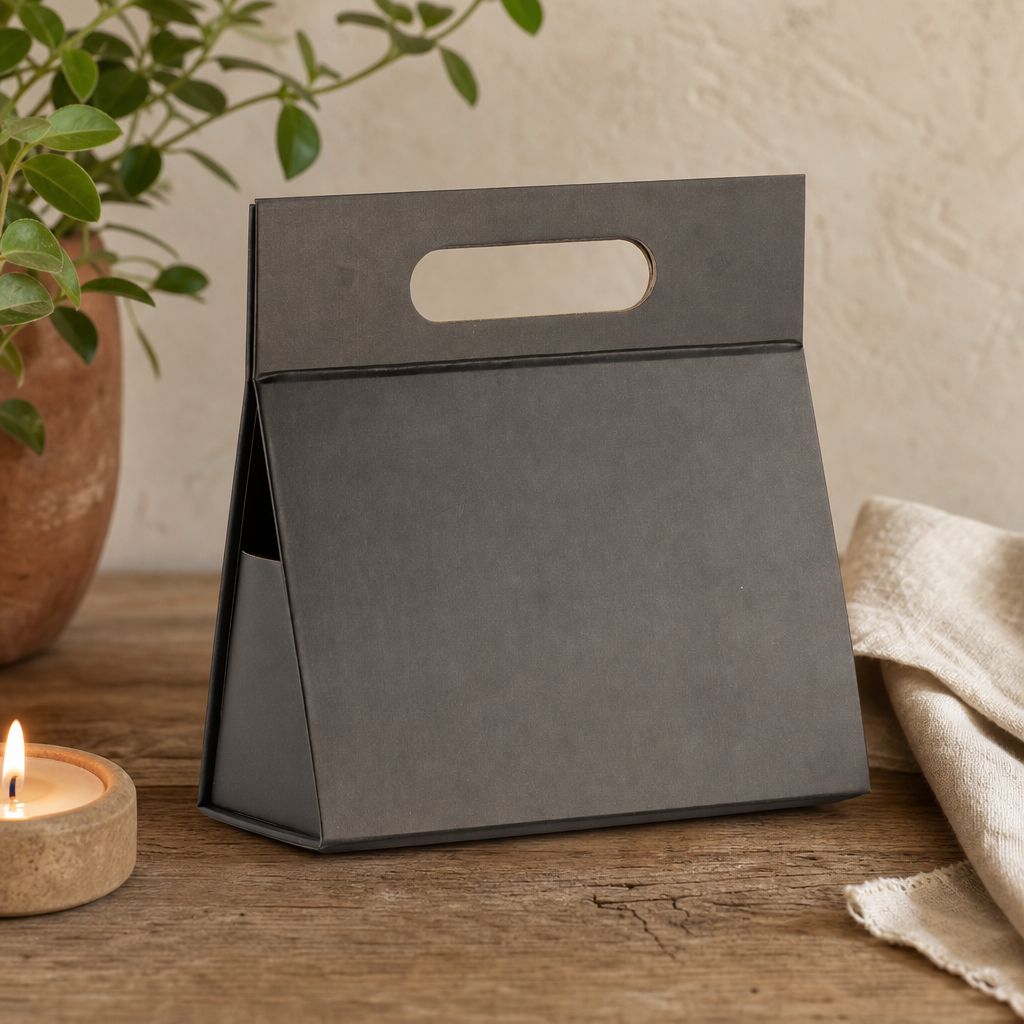 Schwarze Geschenkbox mit Griff 20×10×20cm | flach gefaltet