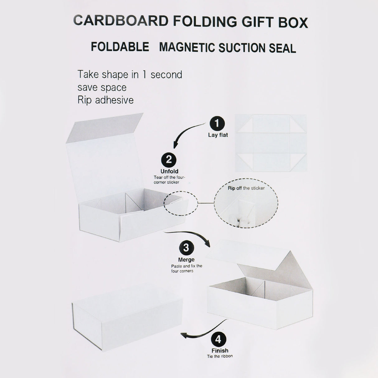 Cardboard folding gift box with assembly instructions on a white background