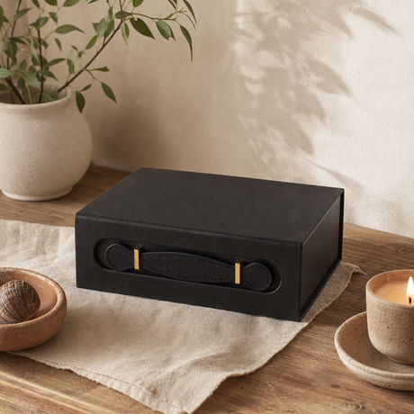 Flat Pack Gift Box - Med Hamper (24 × 18.2 × 8 cm) - Black — styled in a warm, naturally lit interior