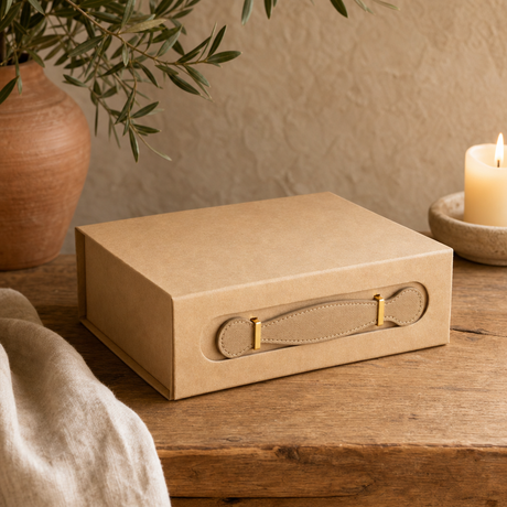 Flat Pack Gift Box - Med Hamper (24 × 18.2 × 8 cm) - Brown Craft — styled in a warm, naturally lit interior
