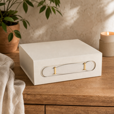 Flat Pack Gift Box - Med Hamper (24 × 18.2 × 8 cm) - White — styled in a warm, naturally lit interior
