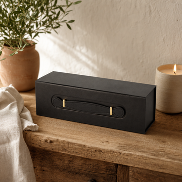 Flat Pack Gift Box - Wine Box Shape (33.5 × 10 × 10.5 cm) - Black — styled in a warm, naturally lit interior