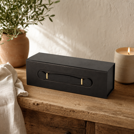 Flat Pack Gift Box - Wine Box Shape (33.5 × 10 × 10.5 cm) - Black — styled in a warm, naturally lit interior