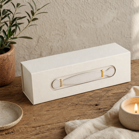 Flat Pack Gift Box - Wine Box Shape (33.5 × 10 × 10.5 cm) - White — styled in a warm, naturally lit interior
