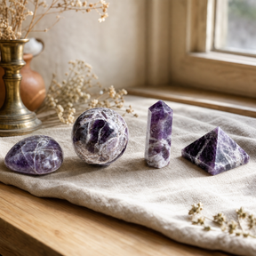Four Gemstone Shapes - Amethyst — styled in a warm, naturally lit interior
