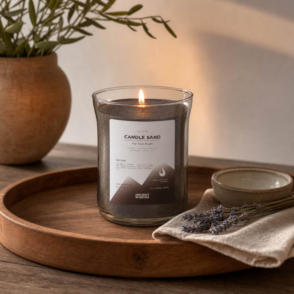 Fragranced Candle Sand - Black - Spirited - 300g — styled in a warm, naturally lit interior