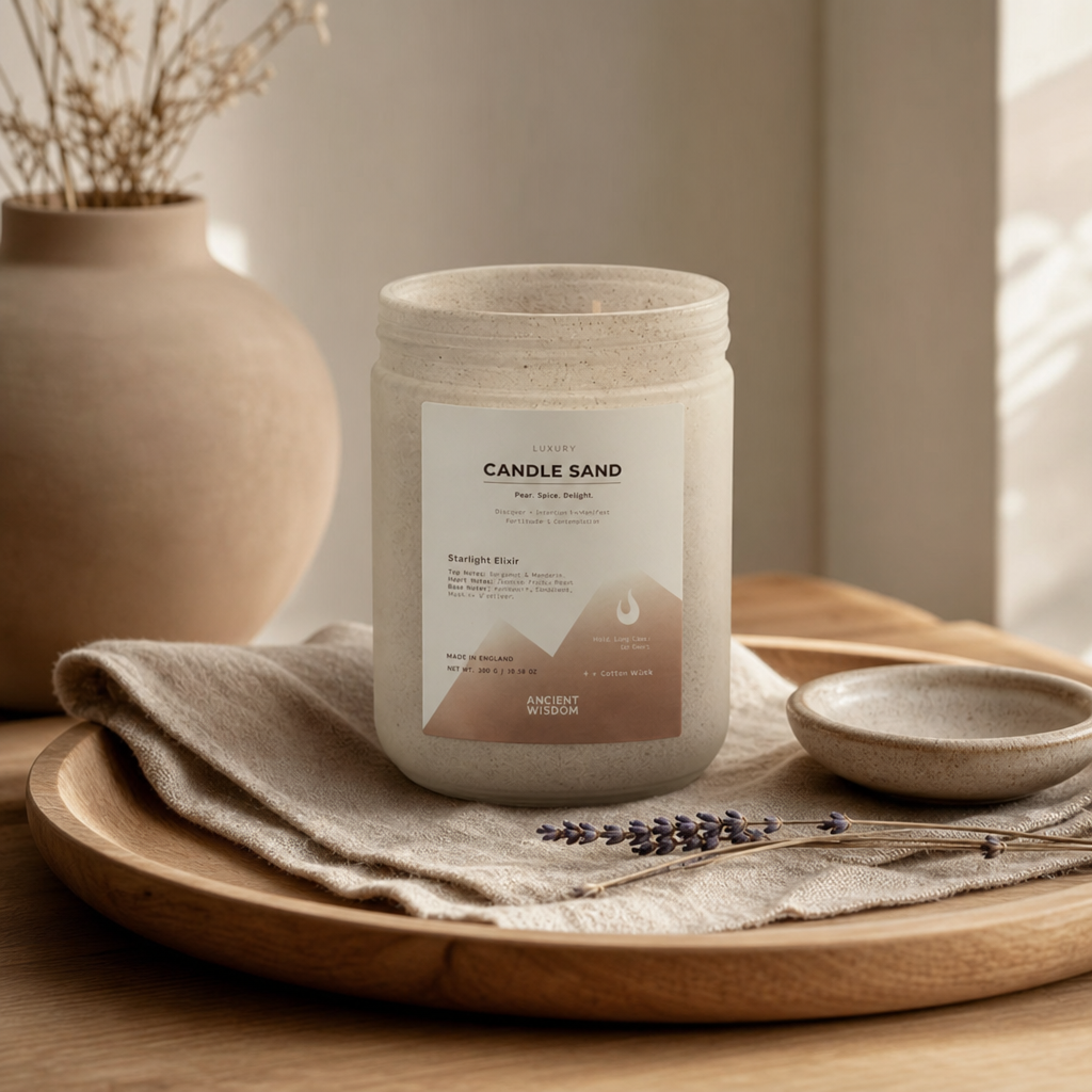 Fragranced Candle Sand - White - Starlight Elixir - 300g — styled in a warm, naturally lit interior