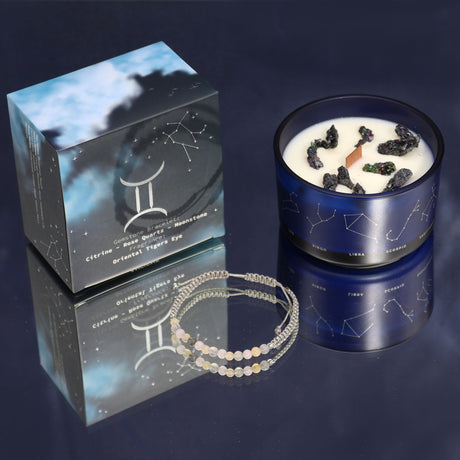 Gemini Zodiac Crystal Candle & Gemstone Bracelet Set - Enhance Creativity & Balance with Citrine, Rose Quartz, and Moonstone - SHAMTAM.COM