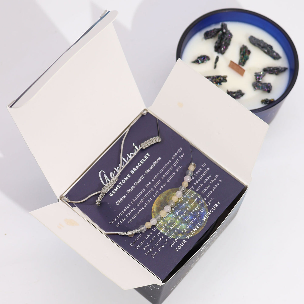 Gemini Zodiac Crystal Candle & Gemstone Bracelet Set - Enhance Creativity & Balance with Citrine, Rose Quartz, and Moonstone - SHAMTAM.COM