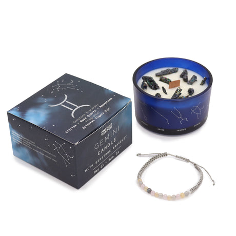 Gemini Zodiac Crystal Candle & Gemstone Bracelet Set - Enhance Creativity & Balance with Citrine, Rose Quartz, and Moonstone - SHAMTAM.COM