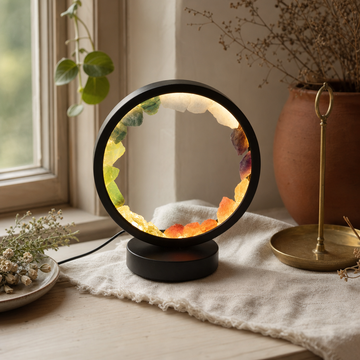 Gemstone Halo Lamp - 7 Chakra - 7 Gems — styled in a warm, naturally lit interior