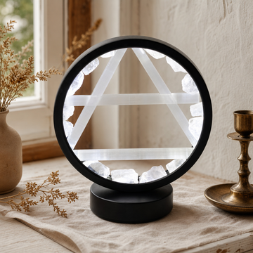 Gemstone Halo Lamp - Air - Clear Quartz & Selenite — styled in a warm, naturally lit interior