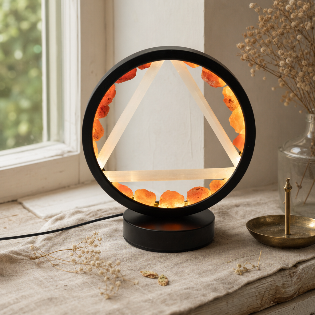 Gemstone Halo Lamp - Fire - Carnelian & Selenite — styled in a warm, naturally lit interior