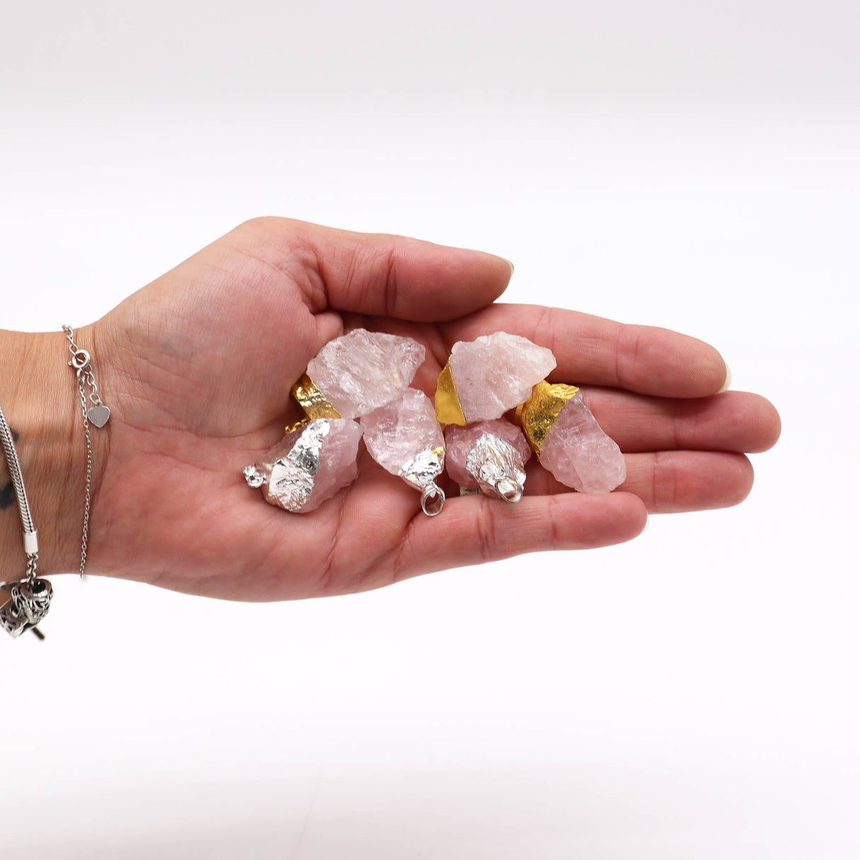 Gemstone Rose Quartz Gold & Silver Plated Pendants (6 assorted) (6 pcs) - SHAMTAM.COM