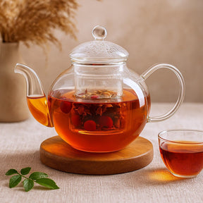 Clear glass teapot with a wooden coaster and a small cup of tea on a beige surface.