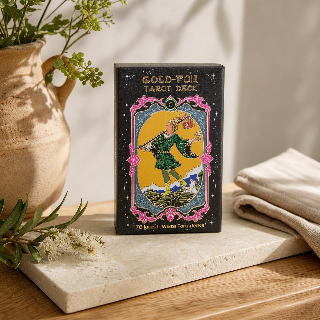Gold Foil Tarot Card Set - with booklet — styled in a warm, naturally lit interior
