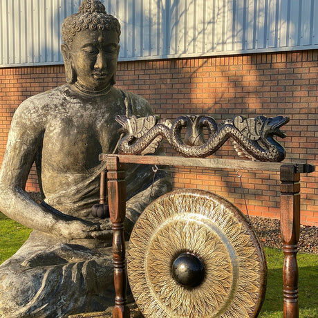 Gong in Brown Antique Stand - 80cm - Black - pattern - SHAMTAM.COM