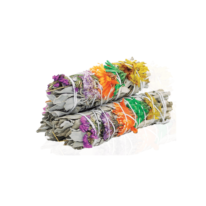 Good Vibes Smudge Stick: White Sage with Daisy Flower & Limonium Sinuatum (Purple & Lilac Statice) - 10cm - SHAMTAM.COM