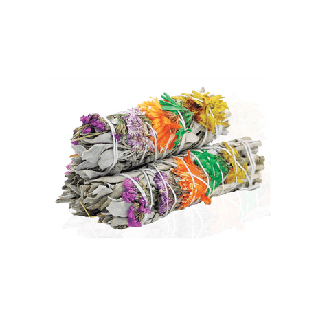 Good Vibes Smudge Stick: White Sage with Daisy Flower & Limonium Sinuatum (Purple & Lilac Statice) - 10cm - SHAMTAM.COM