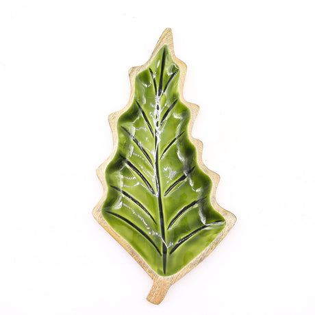 Green Enamel Leaf Mango Wood Serving Bowl 33×17cm - SHAMTAM.COM