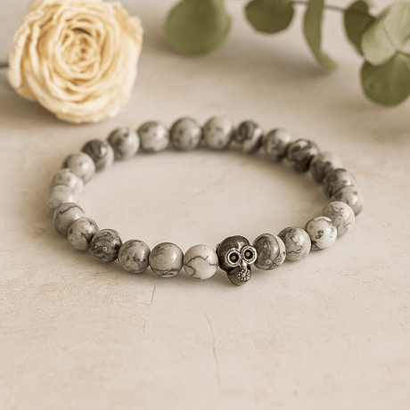 Grey Agate Stretch Bracelet, Pewter Skull - SHAMTAM.COM