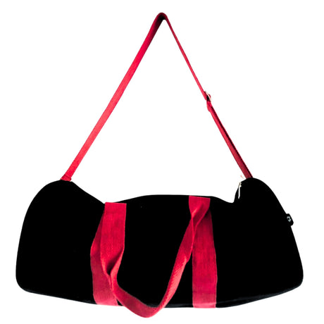 Durable Black Duffel Gym Bag with Cherry Pink Handles and Shoulder Strap - Cylindrical Shape - SHAMTAM.COM