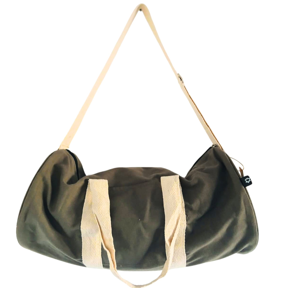 Olive Green 'Don't Quit' Cylindrical Duffel Gym Bag with Adjustable Shoulder Strap and Beige Handles - SHAMTAM.COM