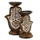 Eco - Friendly Mango Wood Hamsa Candle Stand with Intricate Carvings - Small 18x11cm - SHAMTAM.COM