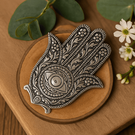 Hamsa Hand Incense Holder Polished Aluminium 14cm - SHAMTAM.COM