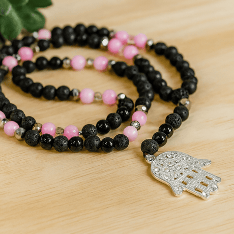 Hamsa Necklace Lava Stone Pink Black - SHAMTAM.COM