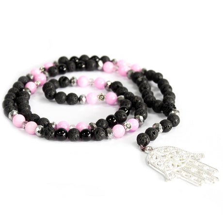 Crystal Necklace Hamsa Pink & Black - SHAMTAM.COM