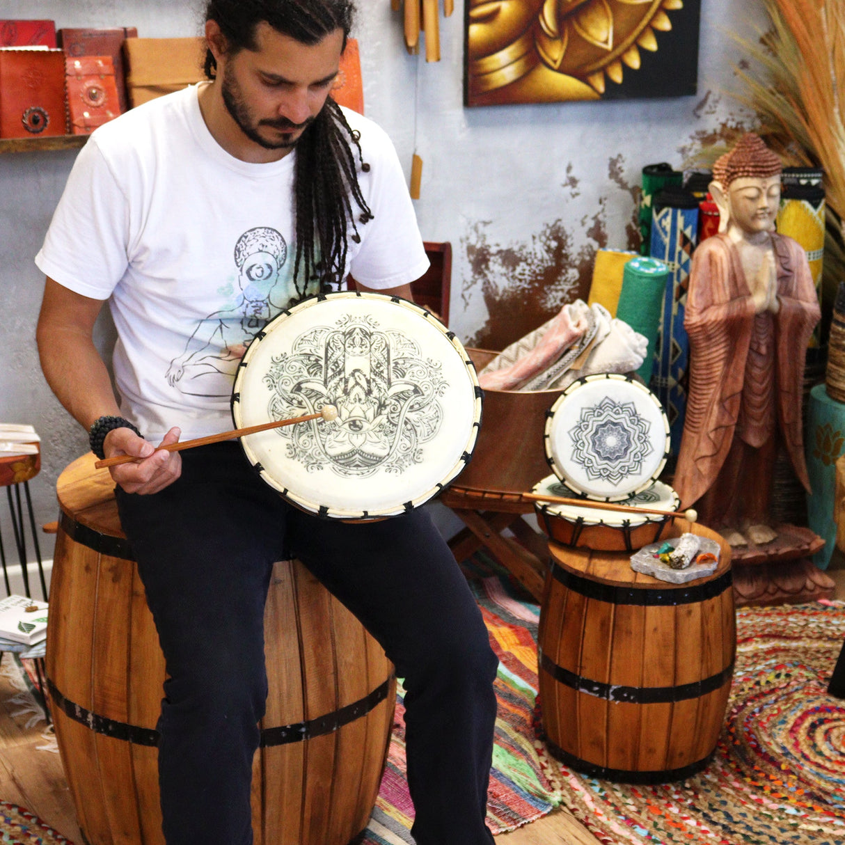 Shaman Drum Hamsa with Two Sticks - 30cm - SHAMTAM.COM