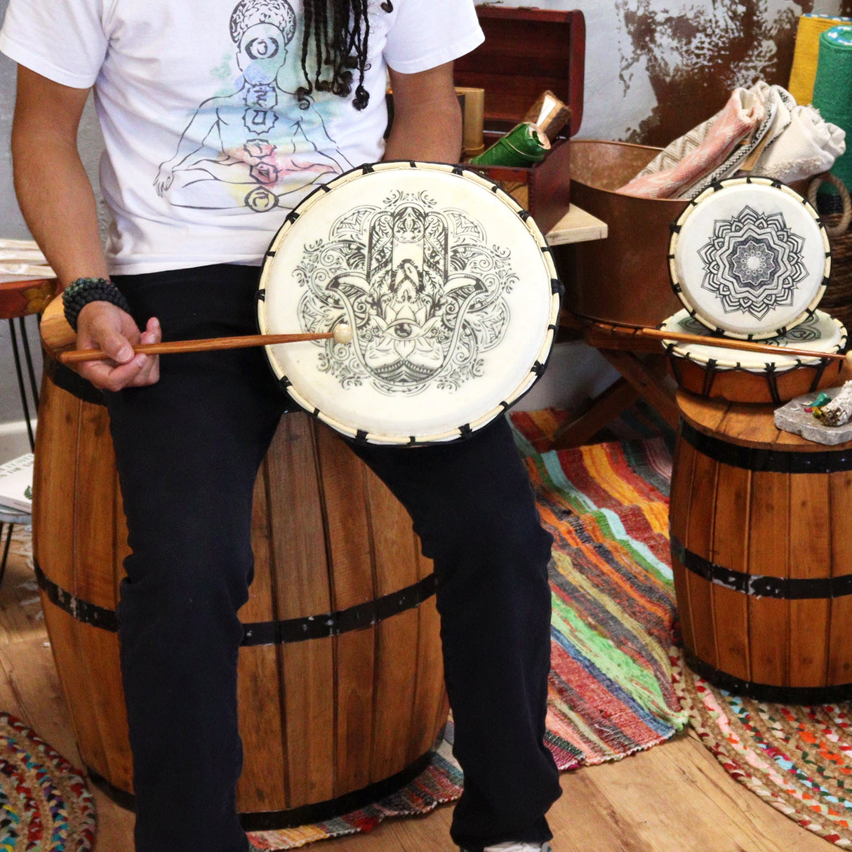 Shaman Drum Hamsa with Two Sticks - 30cm - SHAMTAM.COM