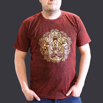 Hamsa Taş Yıkamalı Bordo Tişört Extra Large