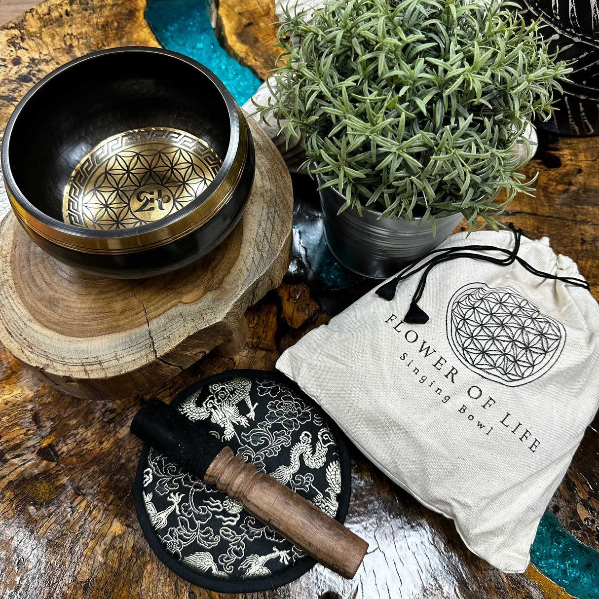 Singing Bowl Gift Set - 14cm - Flower of Life - Hand Beaten & Engraved - SHAMTAM.COM