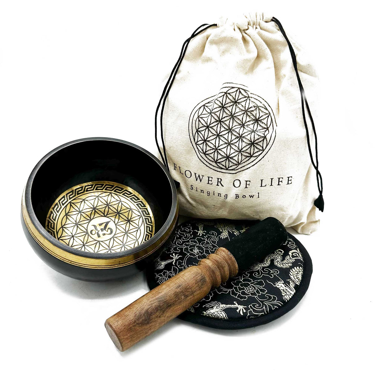 Singing Bowl Gift Set - 14cm - Flower of Life - Hand Beaten & Engraved - SHAMTAM.COM