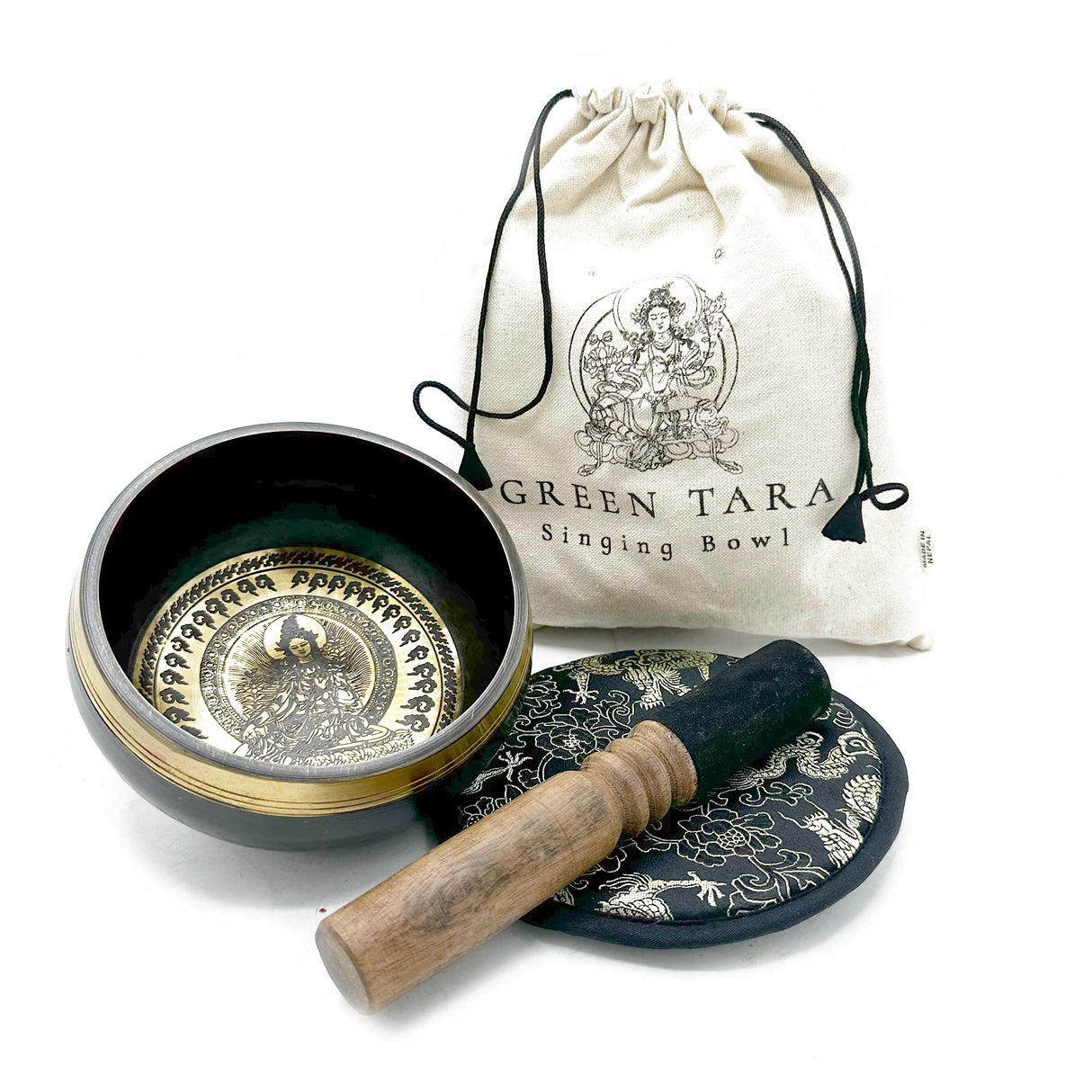 Singing Bowl Gift Set - 14cm - Green Tara - Hand Beaten & Engraved - SHAMTAM.COM